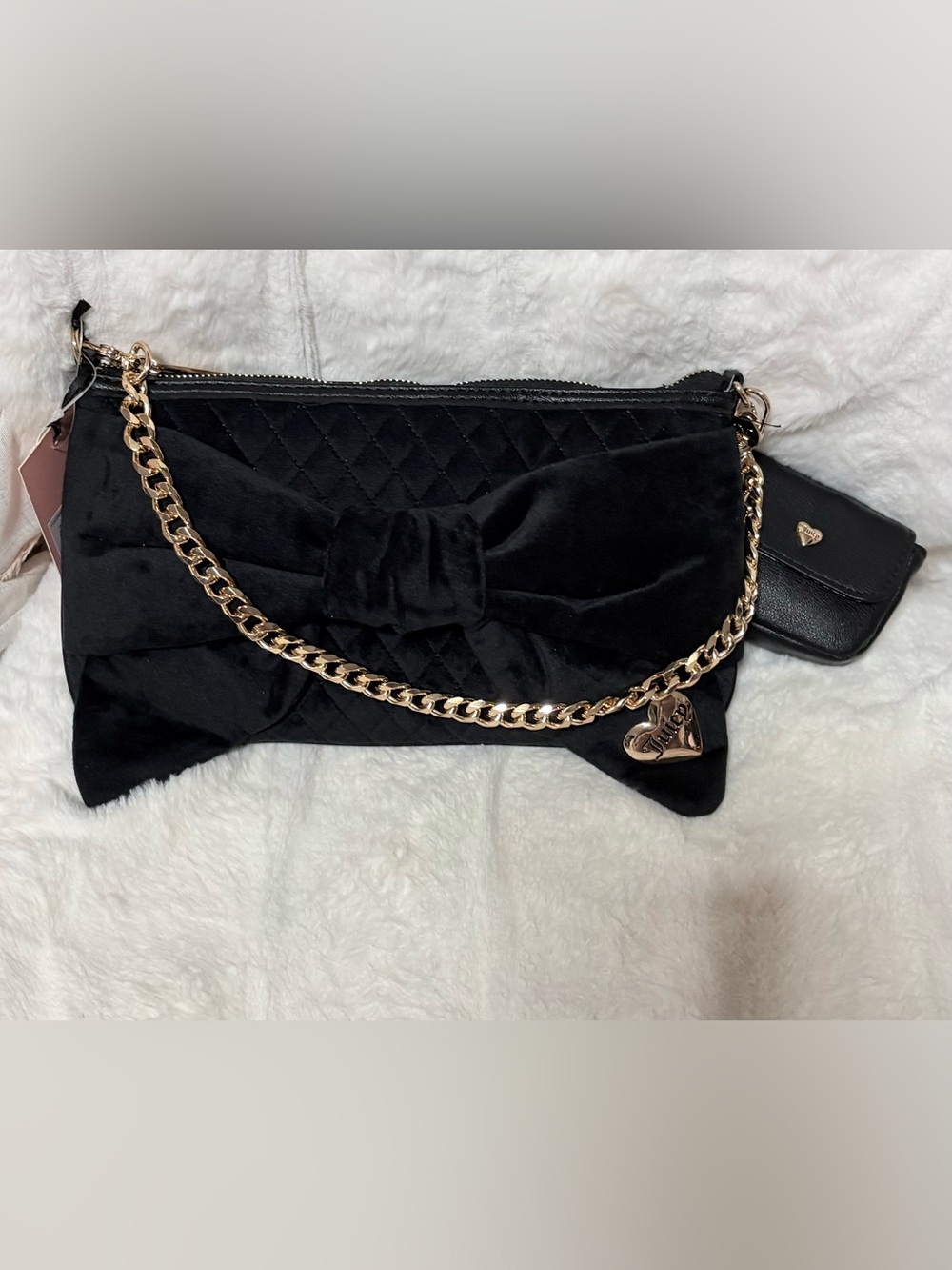 Juicy Couture Black Quilted Velvet Shoulder Bag with Gold Chain & Bow